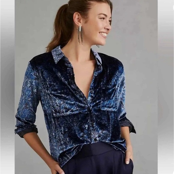 Anthropologie Tops - Anthropologie Pilcro Relaxed Velvet Buttondown Shirt Blue Motif Size Medium